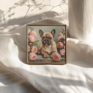 French Bulldog Acrylic Painting with pink roses, original miniature pet portrait by Sophie Marts
