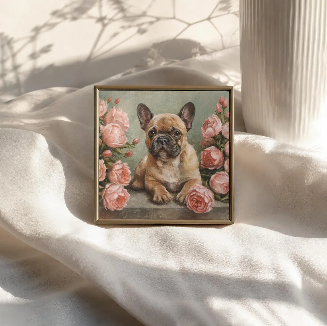 French Bulldog Acrylic Painting with pink roses, original miniature pet portrait by Sophie Marts