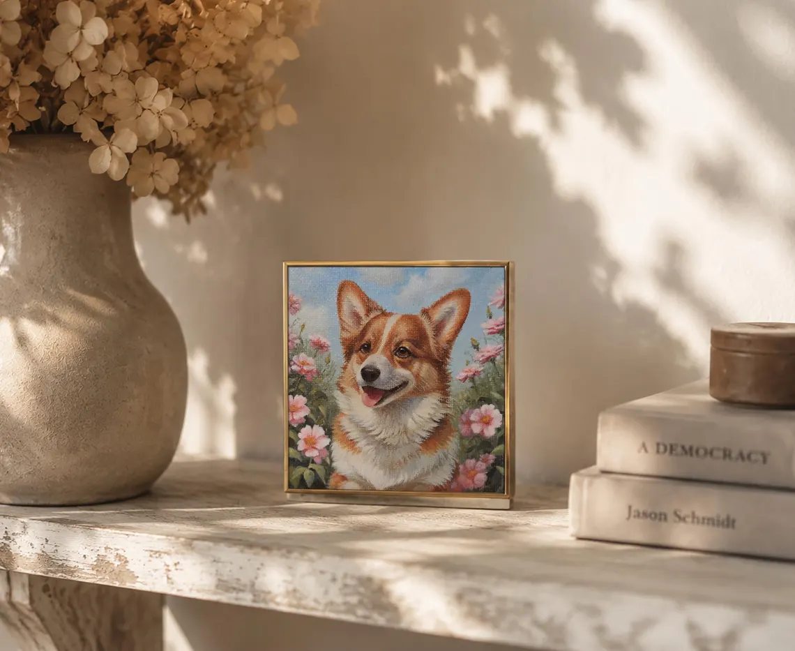 Framed mini corgi with flowers acrylic painting, original pet portrait wall art