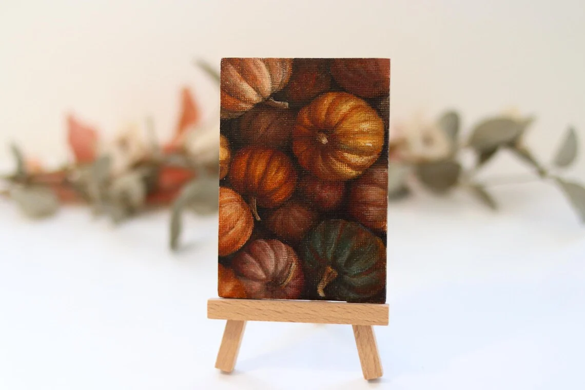 Gift packaged mini pumpkin still life painting, original acrylic autumn art ready to gift