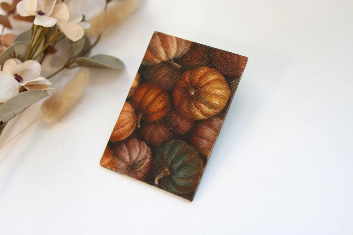Handmade acrylic paint texture on canvas, miniature pumpkin still life original artwork