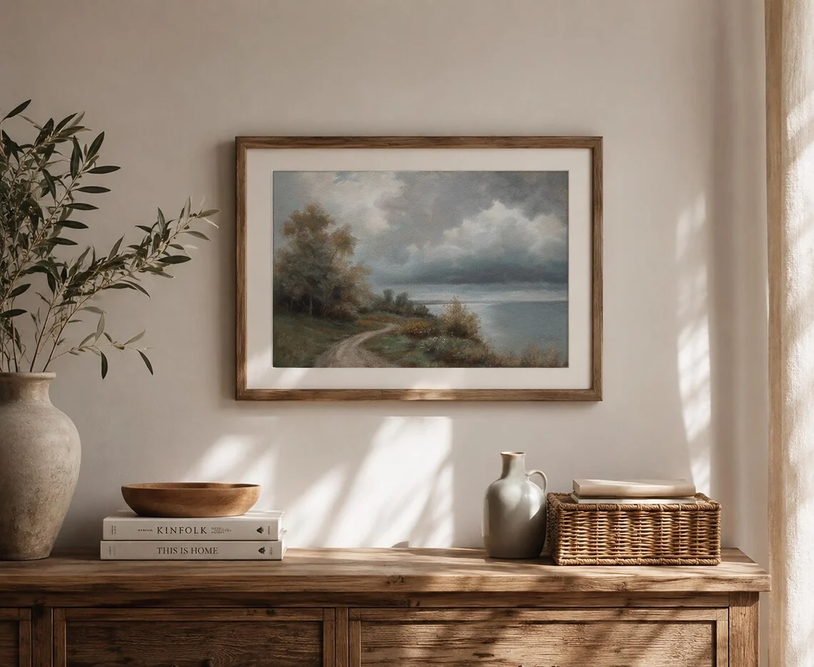 Framed lake path pastel painting in wooden frame, 41x32cm, ready to hang wall art