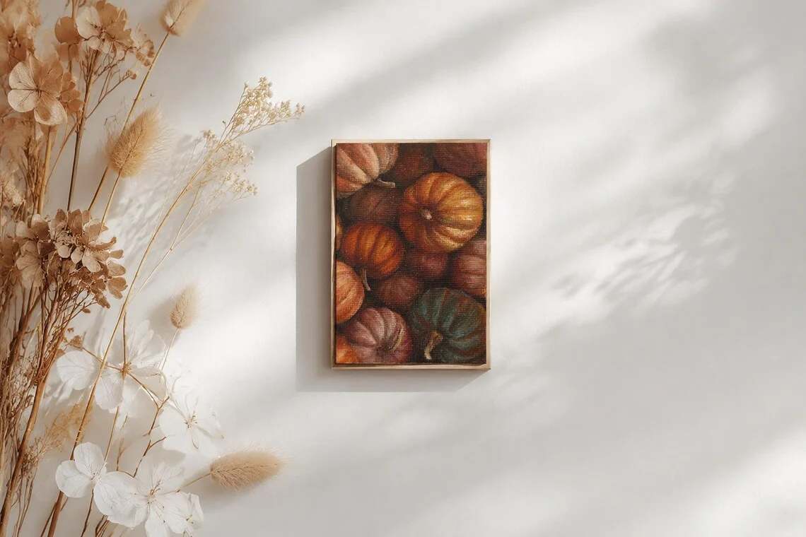 Warm earthy tones and rustic texture detail in original pumpkin still life acrylic painting