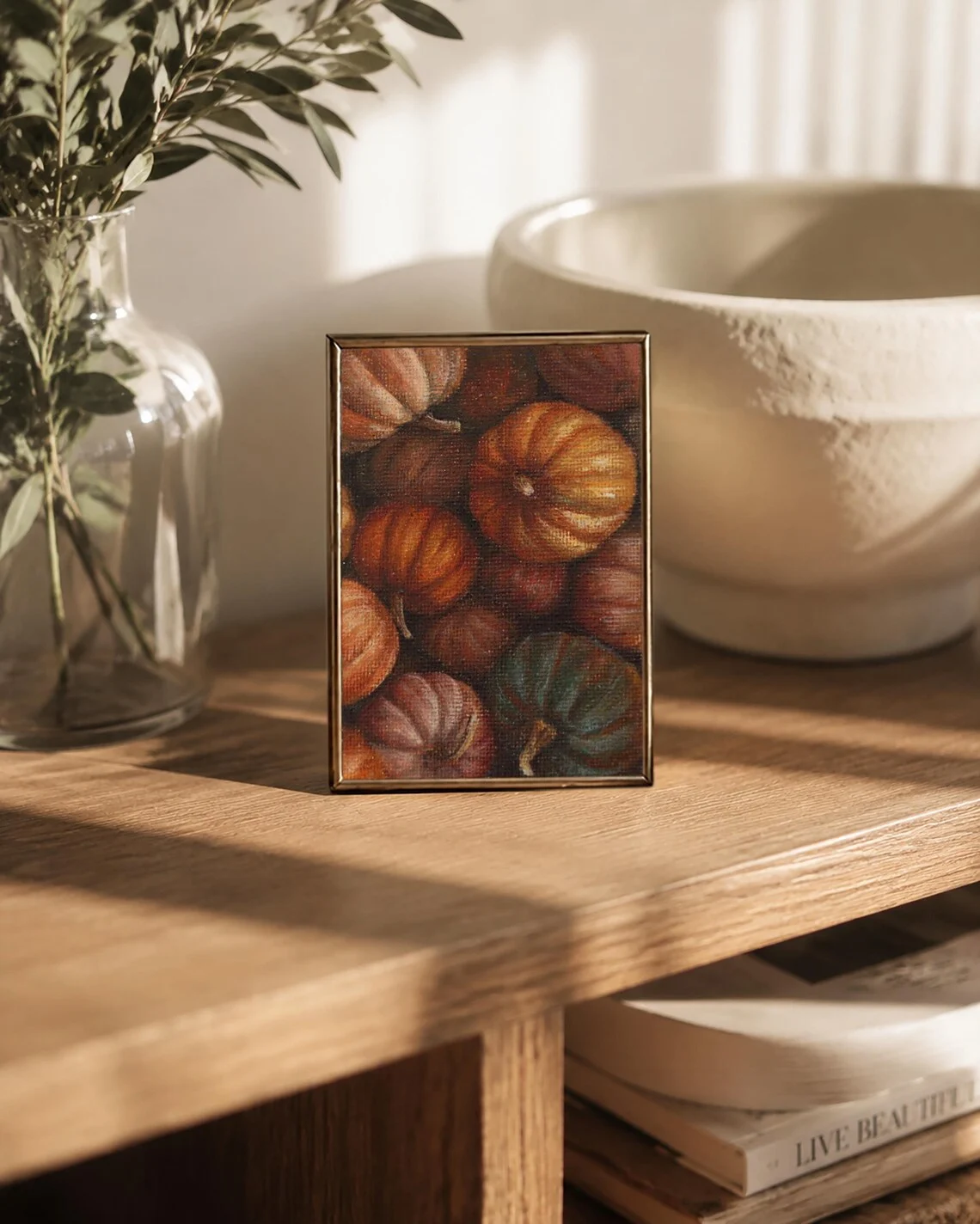 Sophie Marts original pumpkin still life acrylic, miniature autumn painting for art collector gift