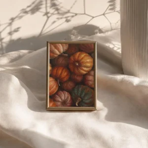 Mini pumpkin acrylic painting, original still life with pumpkin basket by Sophie Marts 10x7cm