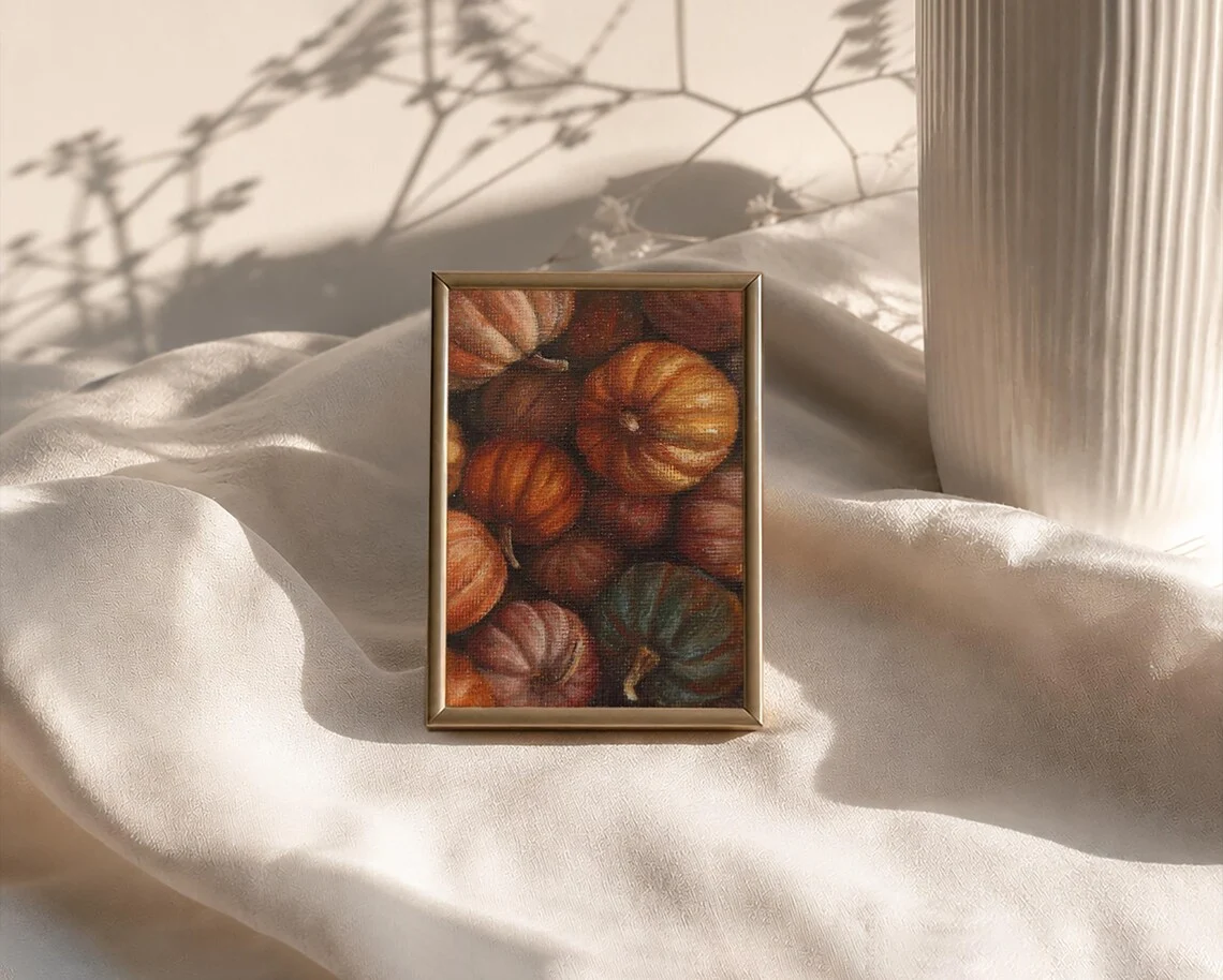 Mini pumpkin acrylic painting, original still life with pumpkin basket by Sophie Marts 10x7cm