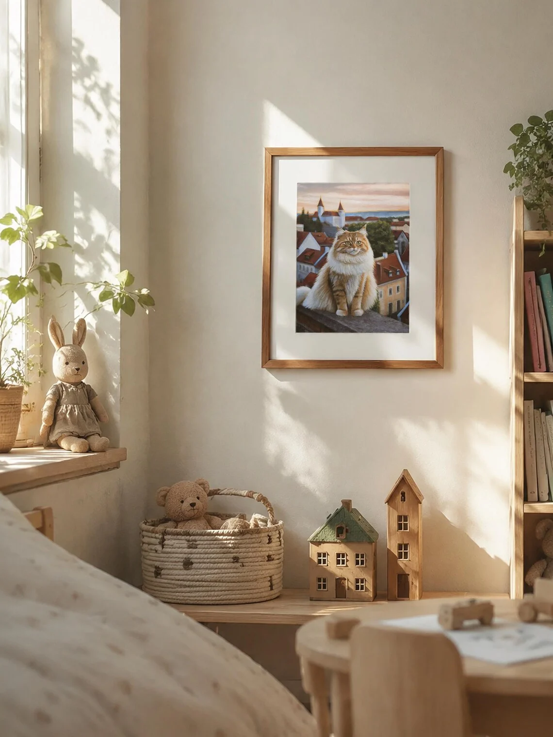 Original handmade ginger cat acrylic painting in frame, cat lover cottagecore wall decor gift