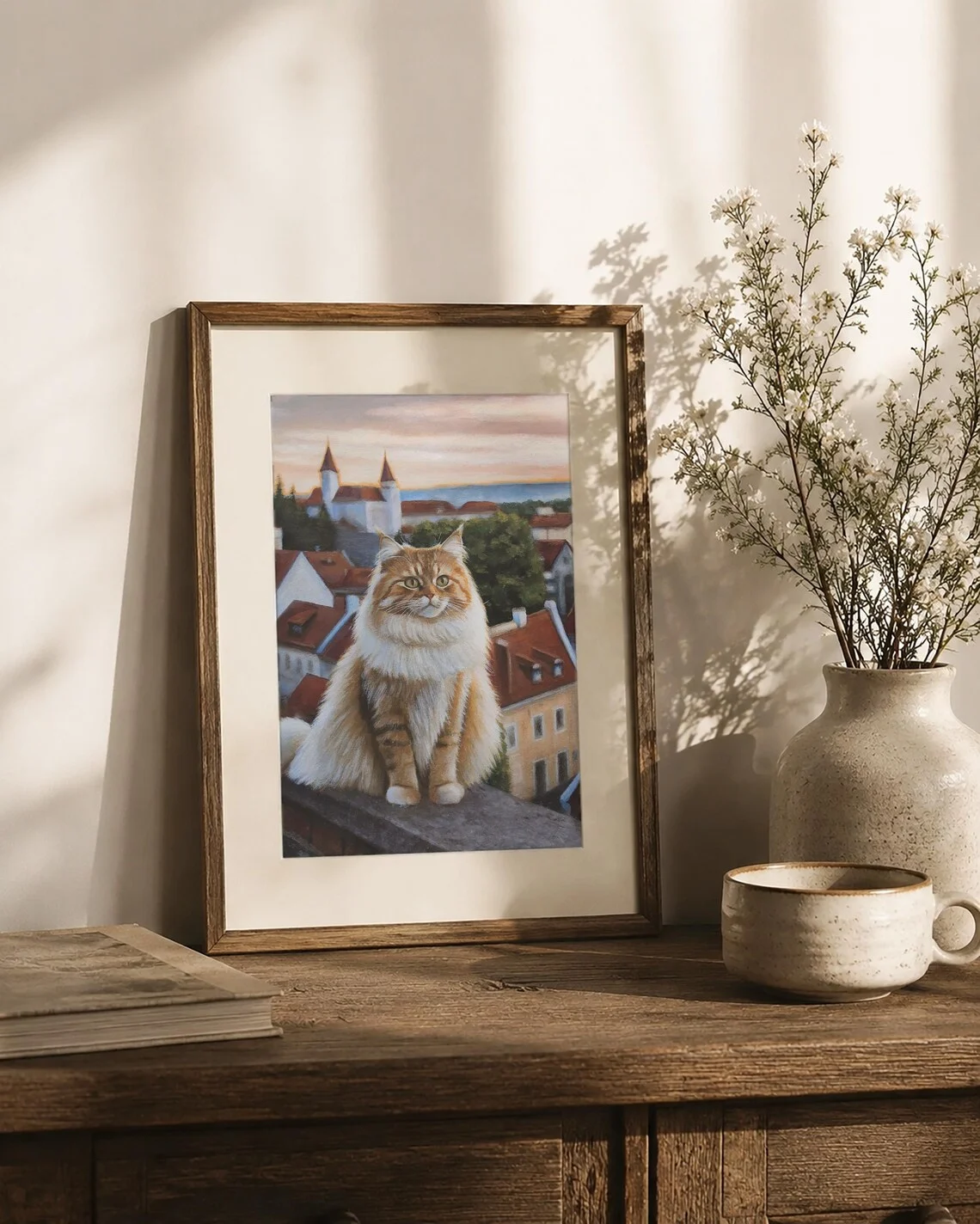Framed original ginger cat painting in wooden frame, European town cat wall art 18x24cm
