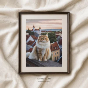 ginger cat acrylic painting overlooking European cityscape at sunset, original art by Sophie Marts
