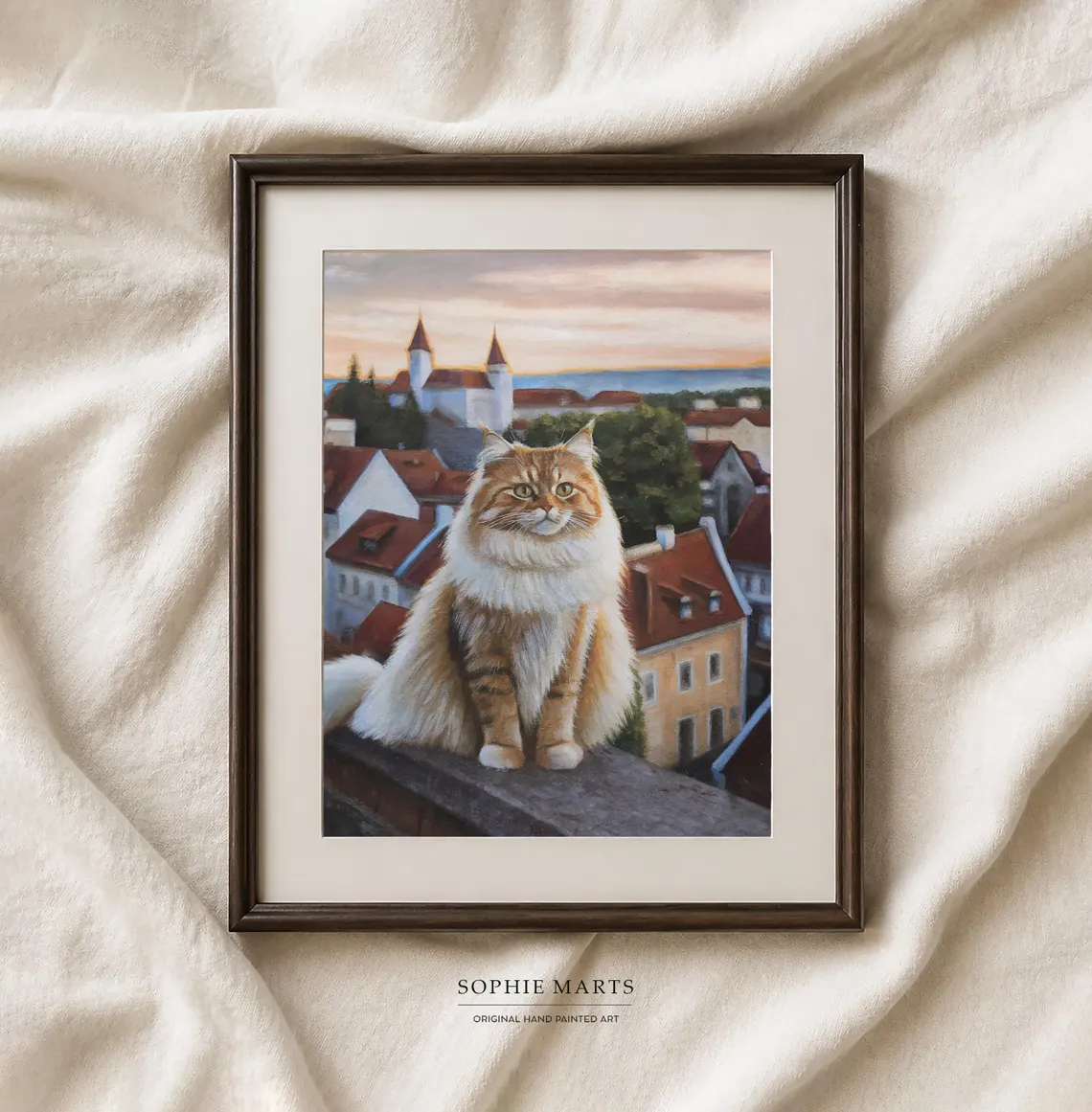 ginger cat acrylic painting overlooking European cityscape at sunset, original art by Sophie Marts