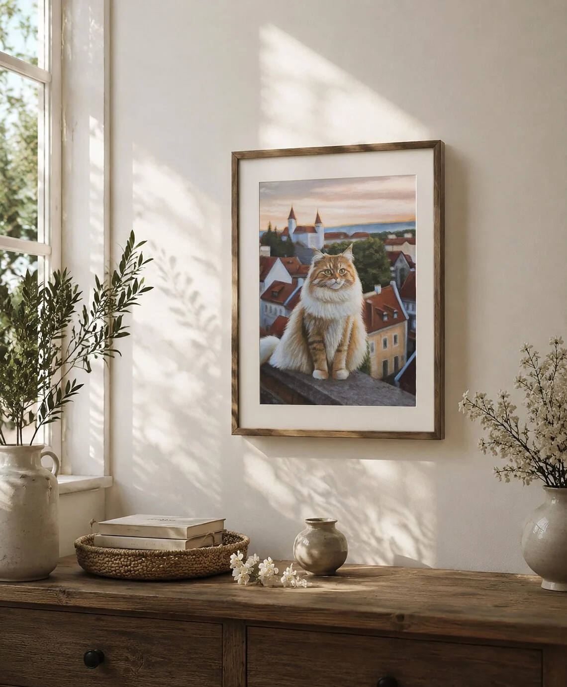 Original cat rooftop acrylic painting, ginger cat overlooking old town at golden hour