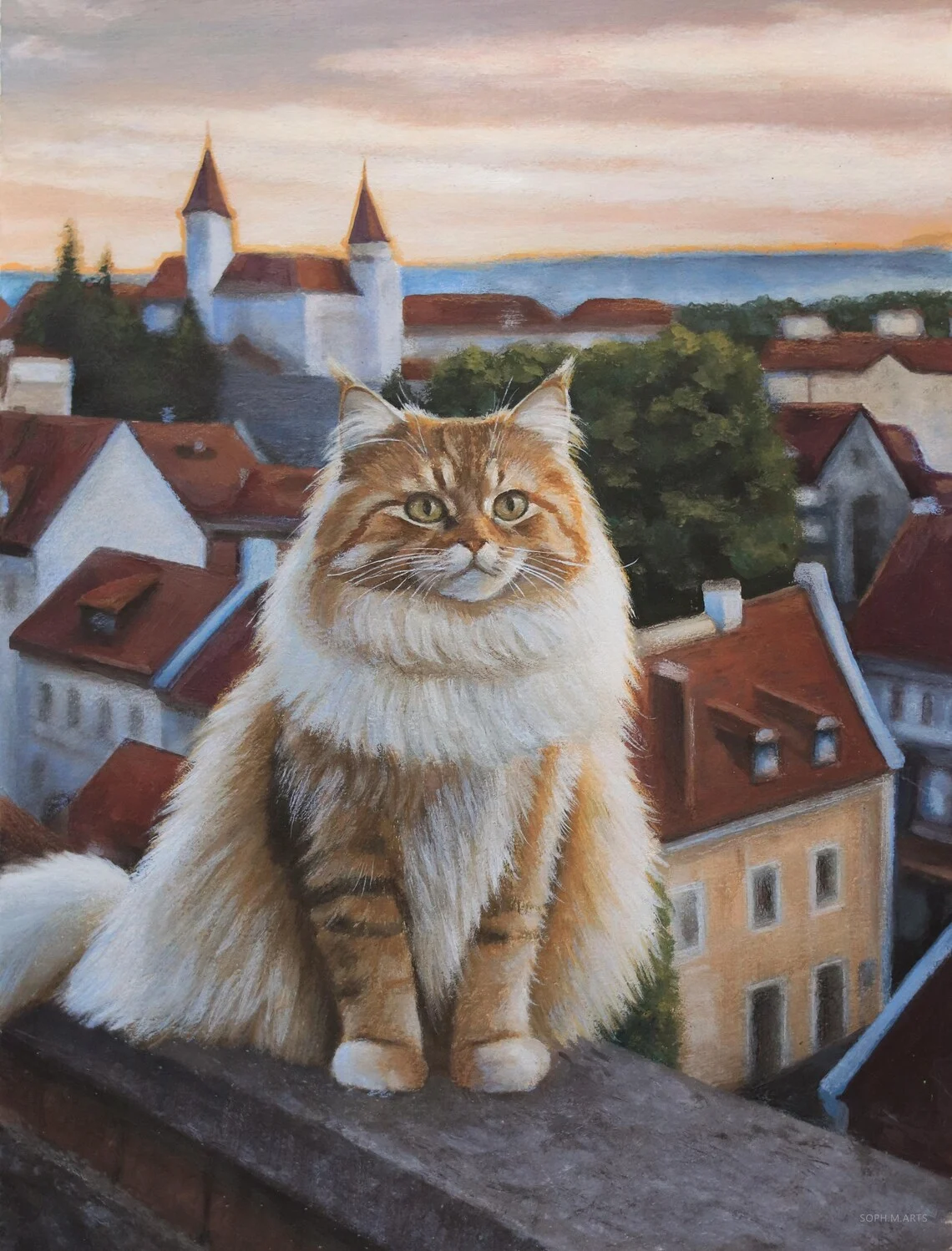 Framed ginger cat cityscape painting 18x24cm, original acrylic rooftop cat art ready to hang