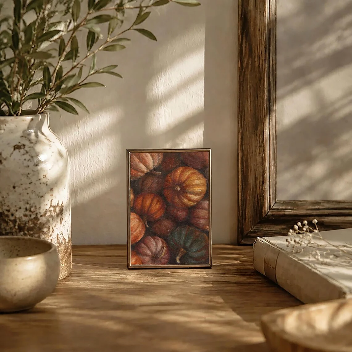Framed pumpkin still life painting on wall, original mini acrylic art for farmhouse interior