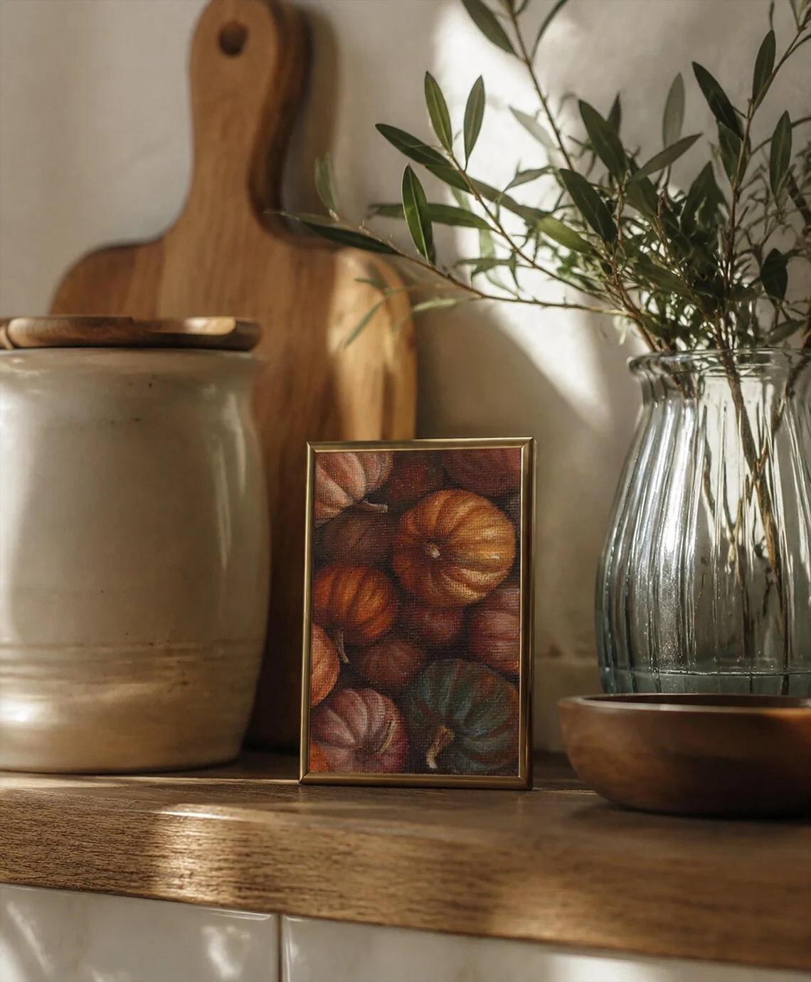 Mini pumpkin acrylic painting on kitchen shelf, small original still life wall art for rustic decor