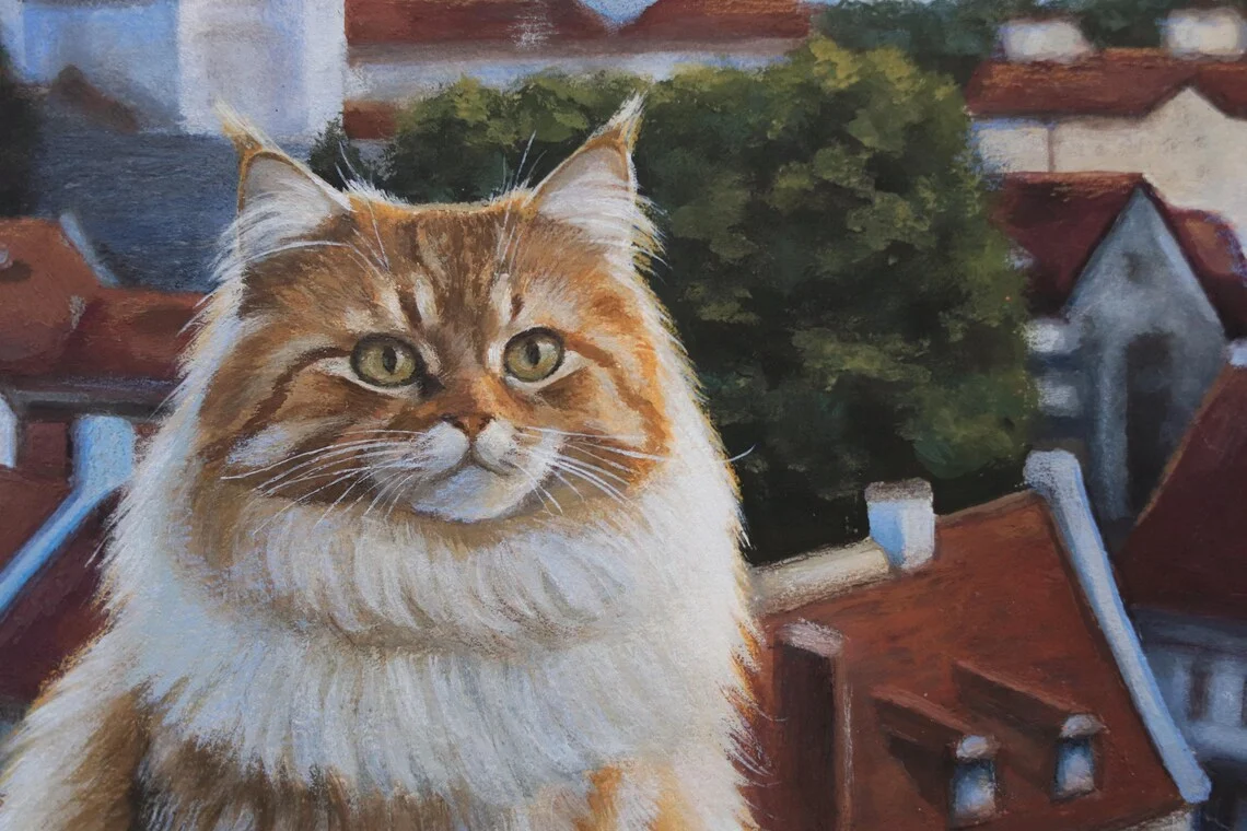 Close-up of fluffy ginger cat face in acrylic cityscape painting, detailed fur brushwork