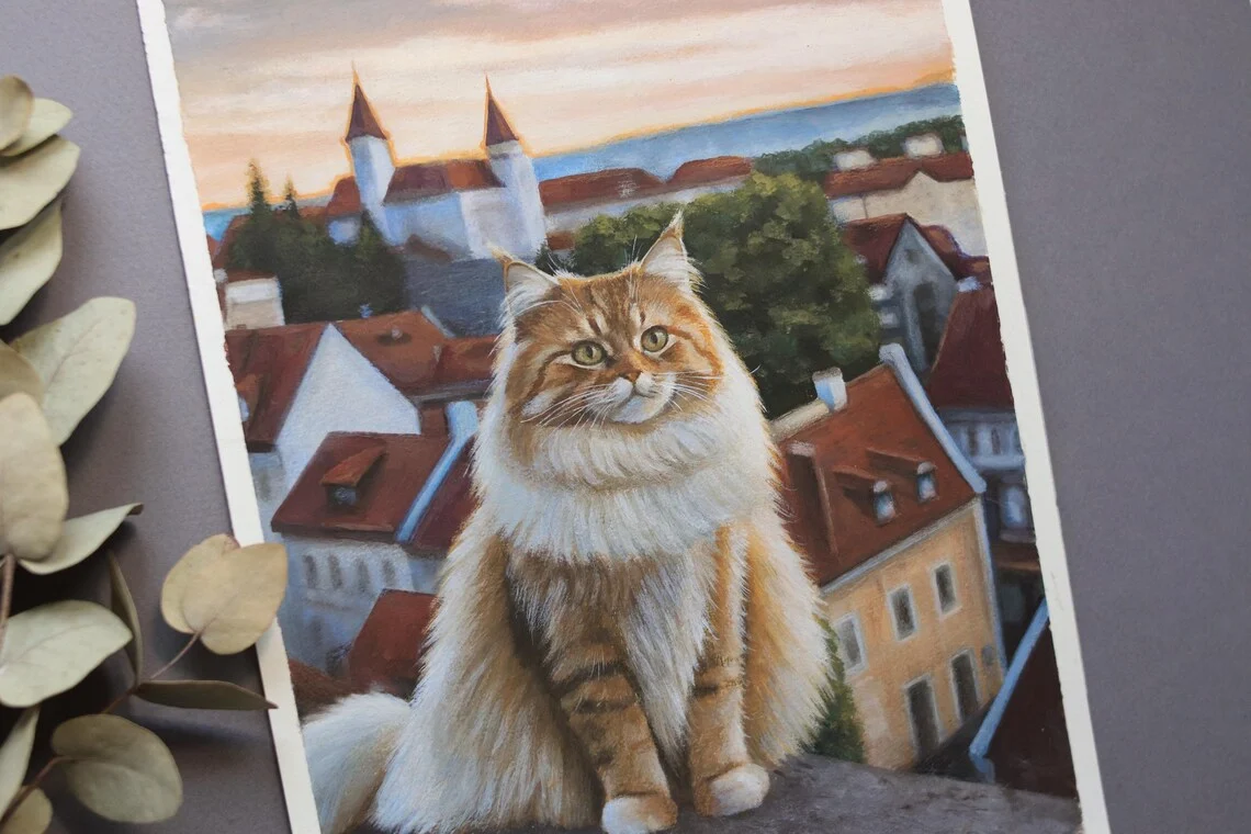 Detail of European rooftops at sunset in original ginger cat cityscape acrylic painting