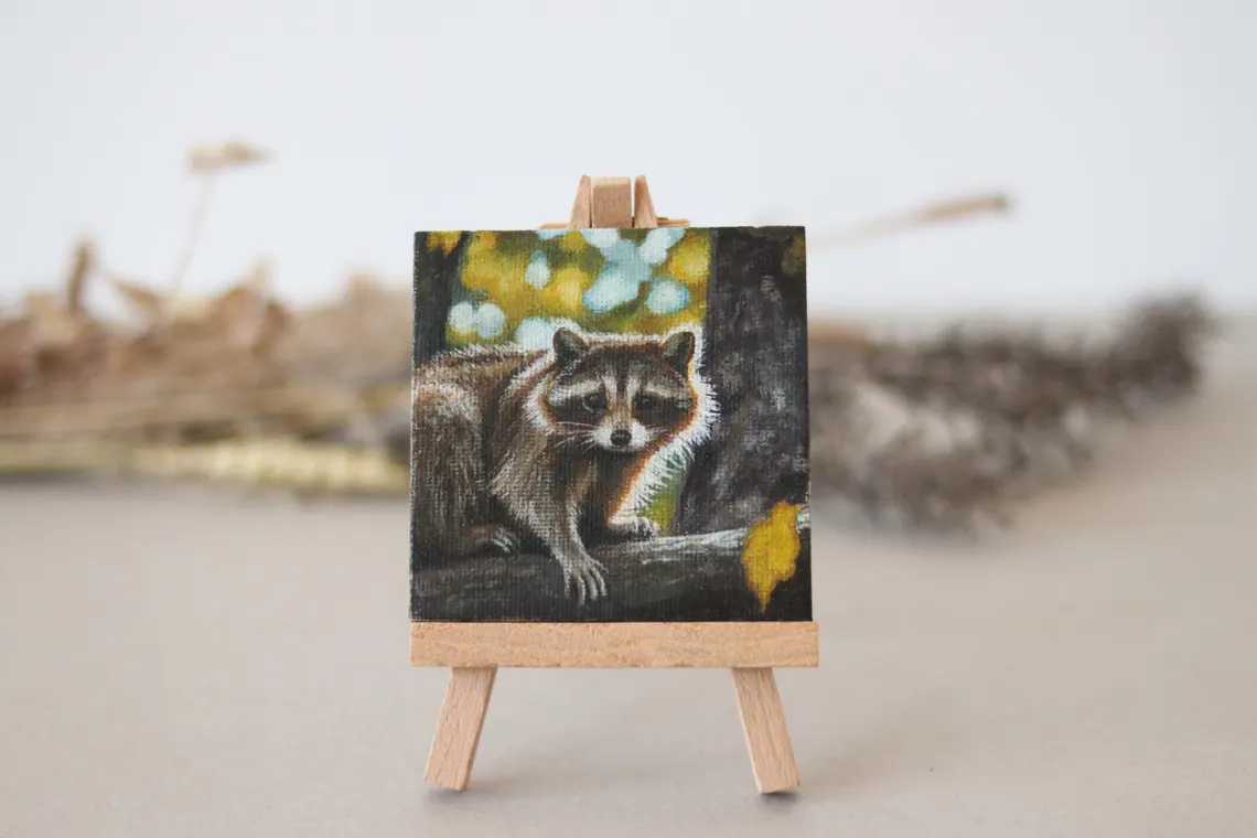 Raccoon in the Forest – Miniature Acrylic Painting