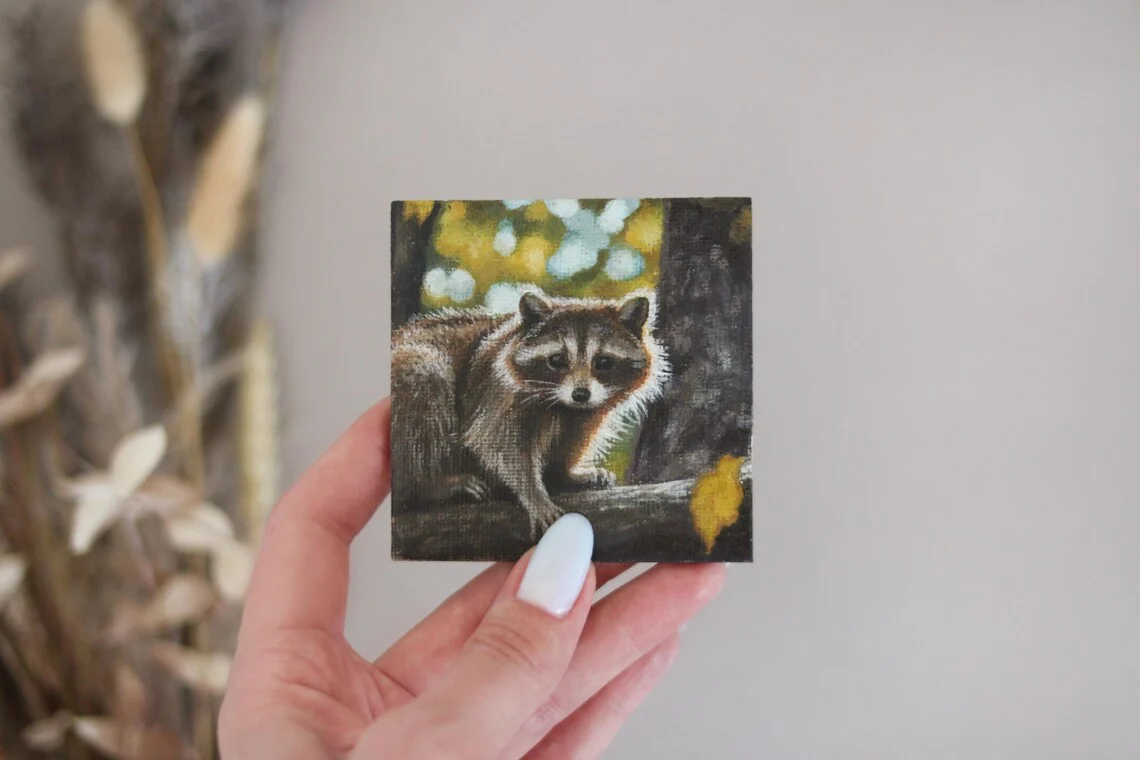 Raccoon in the Forest – Miniature Acrylic Painting