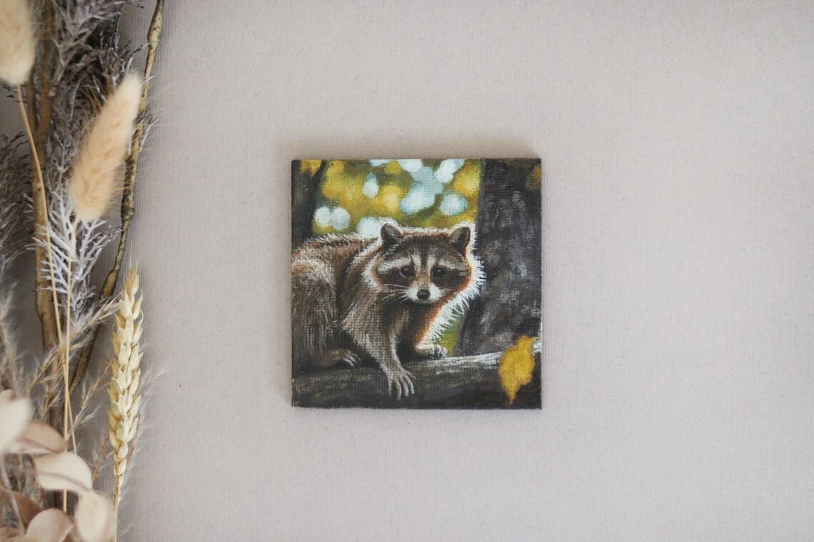 Raccoon in the Forest – Miniature Acrylic Painting