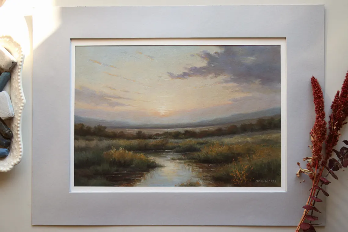 Original Pastel Painting: Sunset River Landscape Art