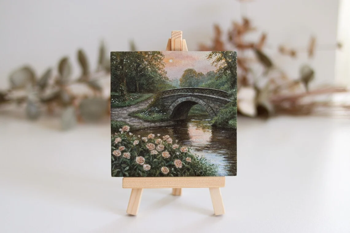 Roses by the Stone Bridge – Miniature Acrylic Painting