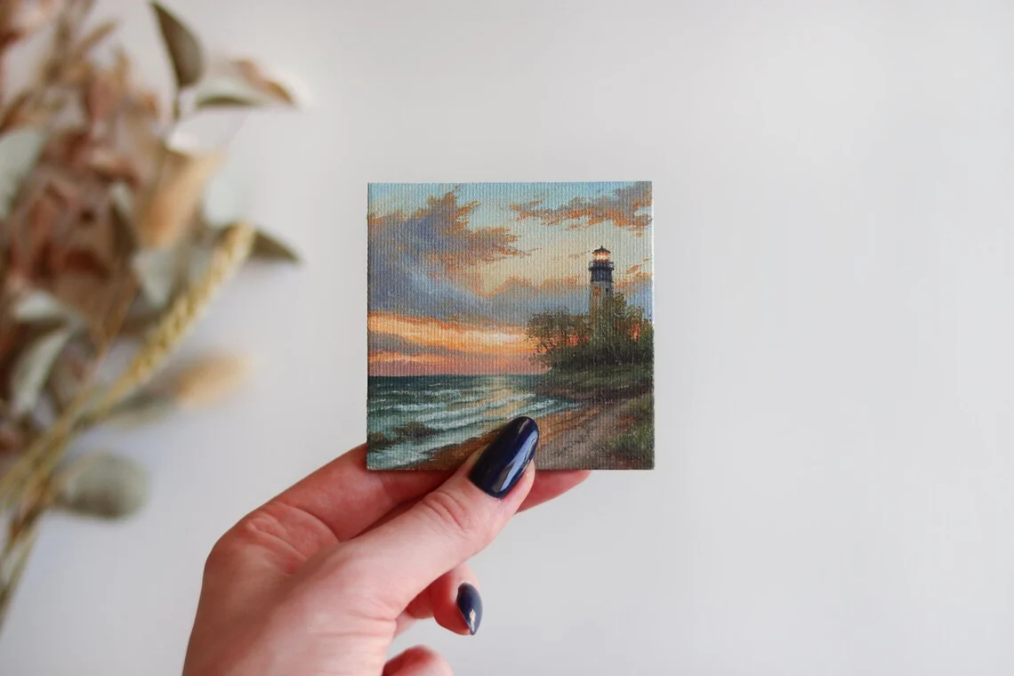 Lighthouse at Sunset – Miniature Acrylic Painting with Magnet, Coastal Landscape Art