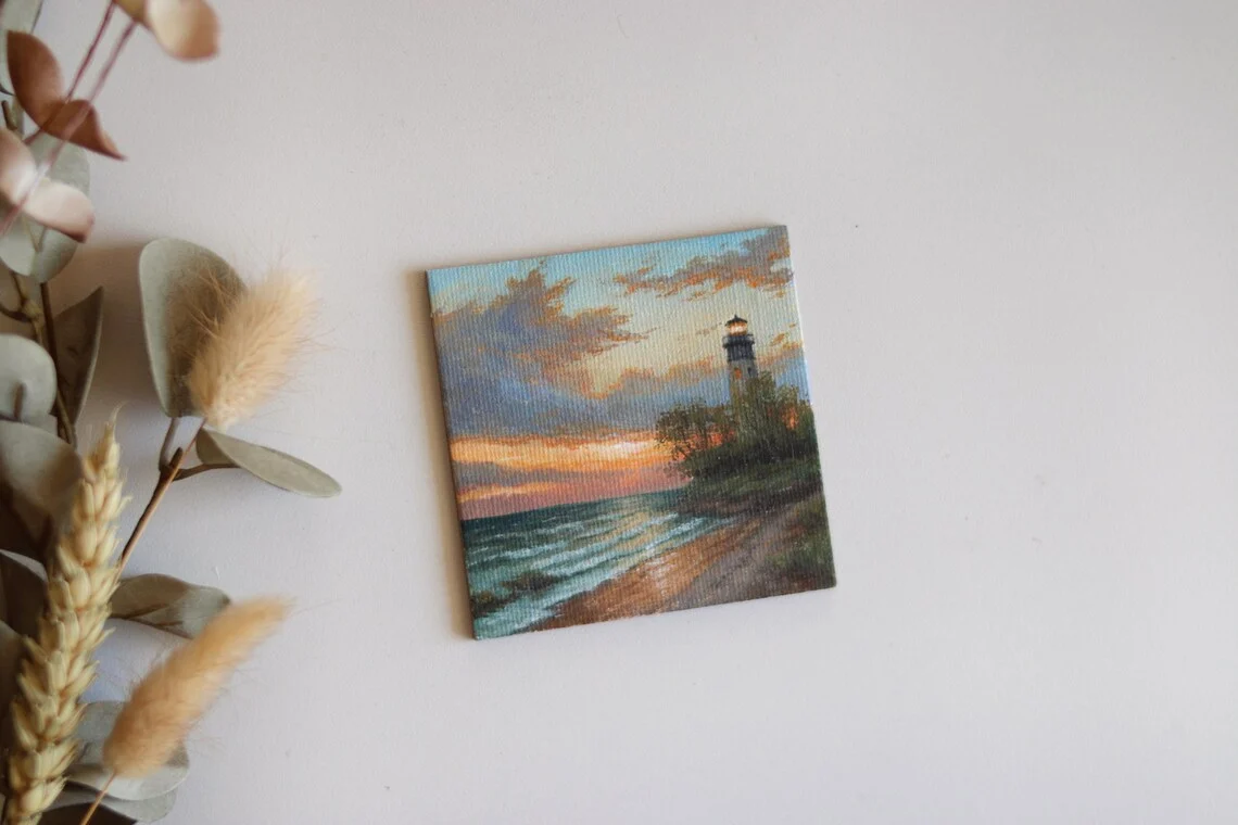 Lighthouse at Sunset – Miniature Acrylic Painting with Magnet, Coastal Landscape Art