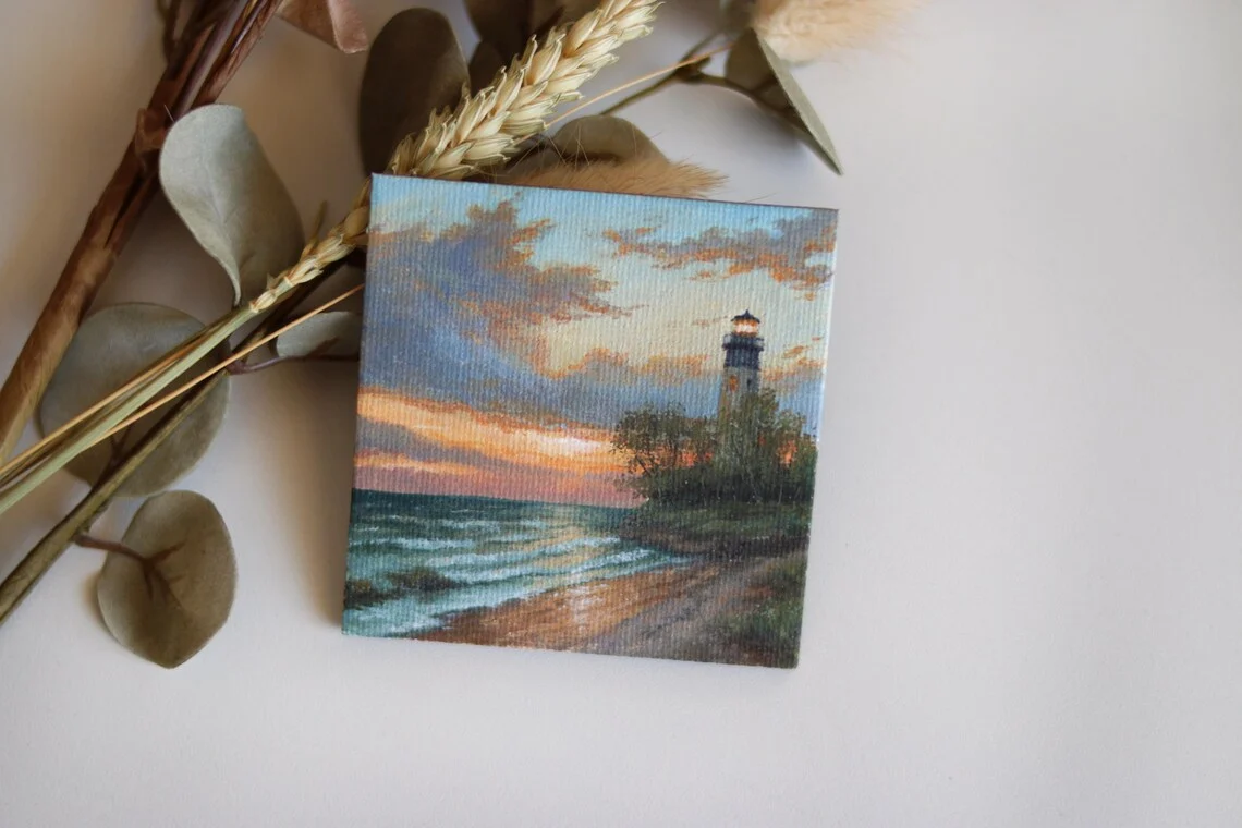 Lighthouse at Sunset – Miniature Acrylic Painting with Magnet, Coastal Landscape Art