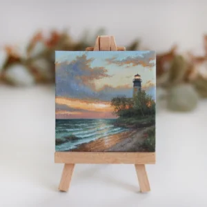 Lighthouse at Sunset – Miniature Acrylic Painting with Magnet, Coastal Landscape Art