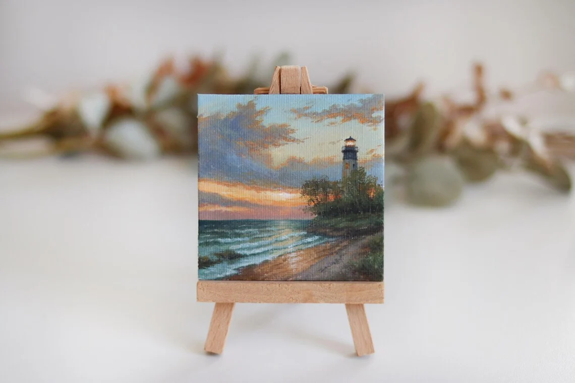 Lighthouse at Sunset – Miniature Acrylic Painting with Magnet, Coastal Landscape Art