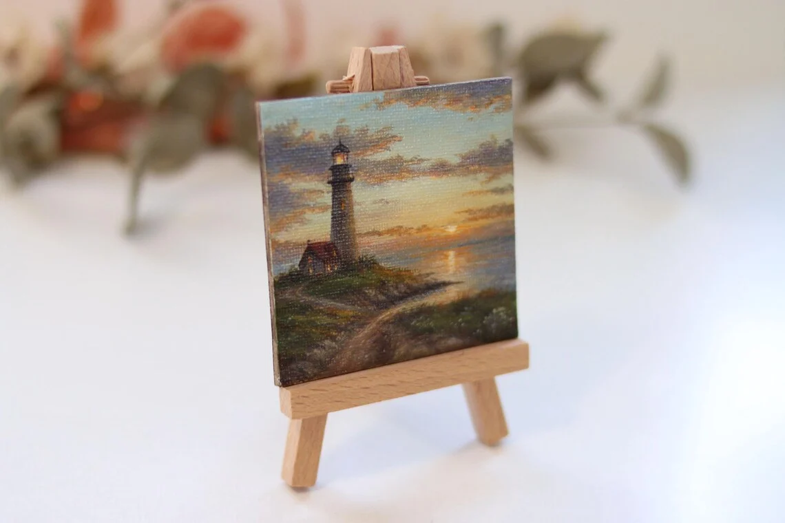 Mini Lighthouse Sunset – Original Acrylic Miniature