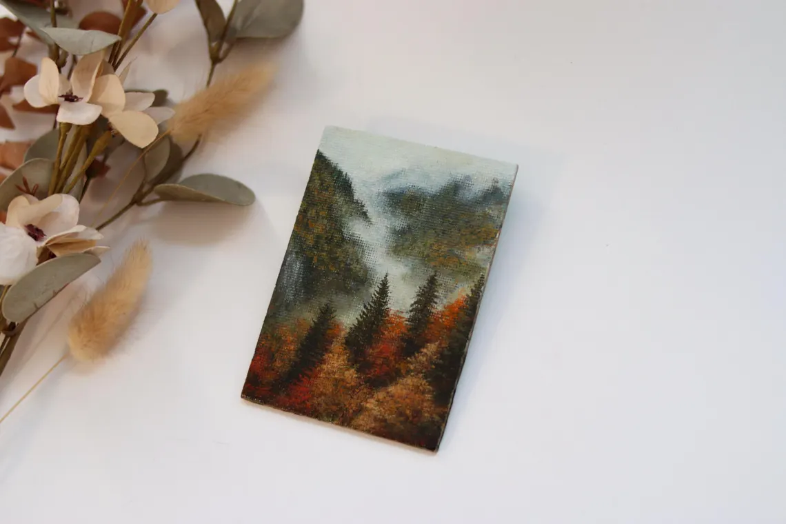 miniature autumn mountain painting, original misty landscape art ready to give as present
