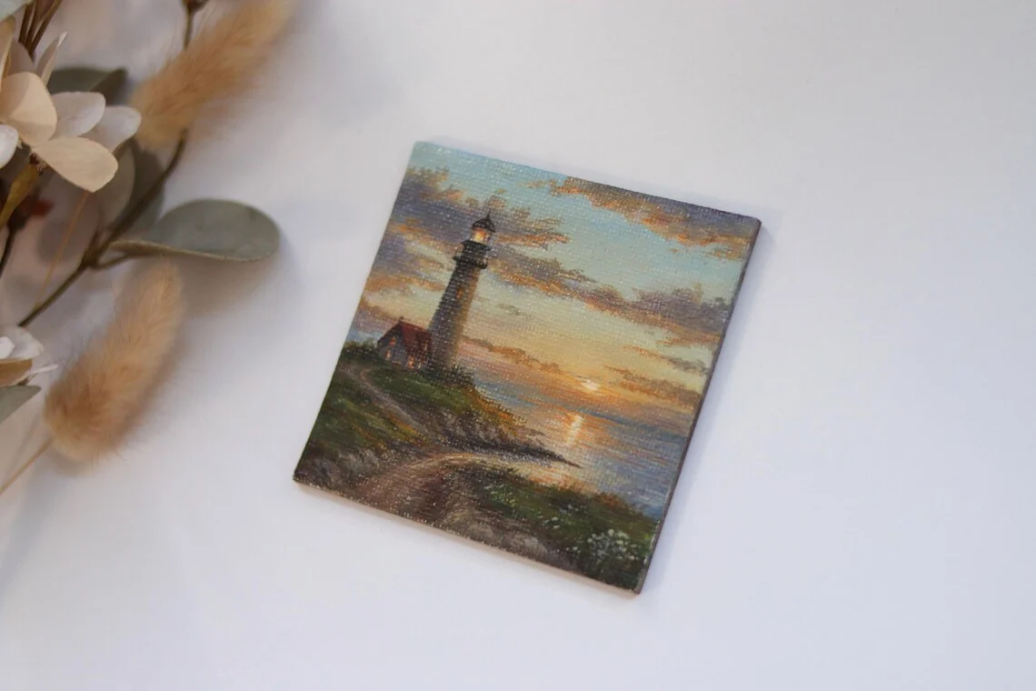 Mini Lighthouse Sunset – Original Acrylic Miniature