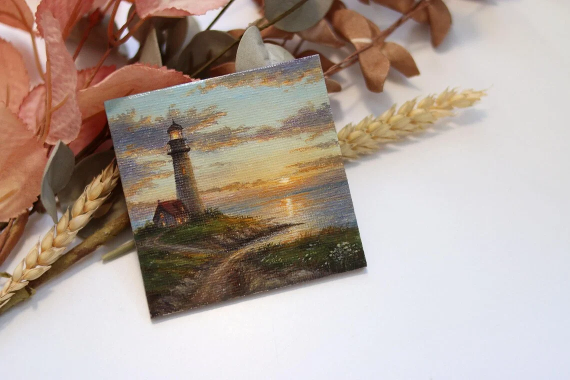 Mini Lighthouse Sunset – Original Acrylic Miniature