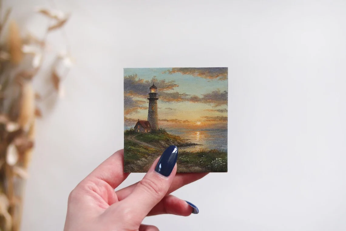 Mini Lighthouse Sunset – Original Acrylic Miniature