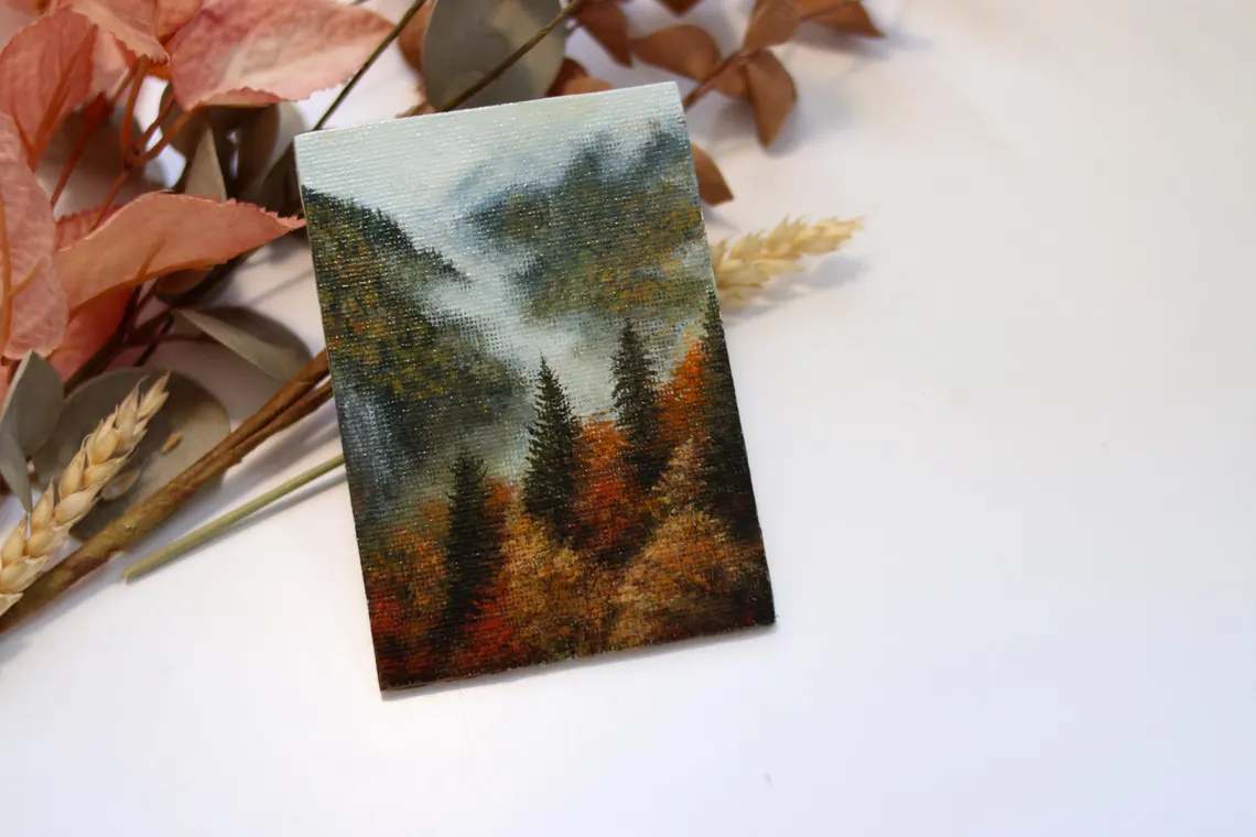 Original misty mountain acrylic landscape painting, autumn forest art for nature lovers small space decor