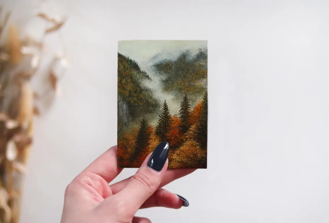 Size of miniature autumn mountain painting 10x7cm, tiny original acrylic collectible landscape art