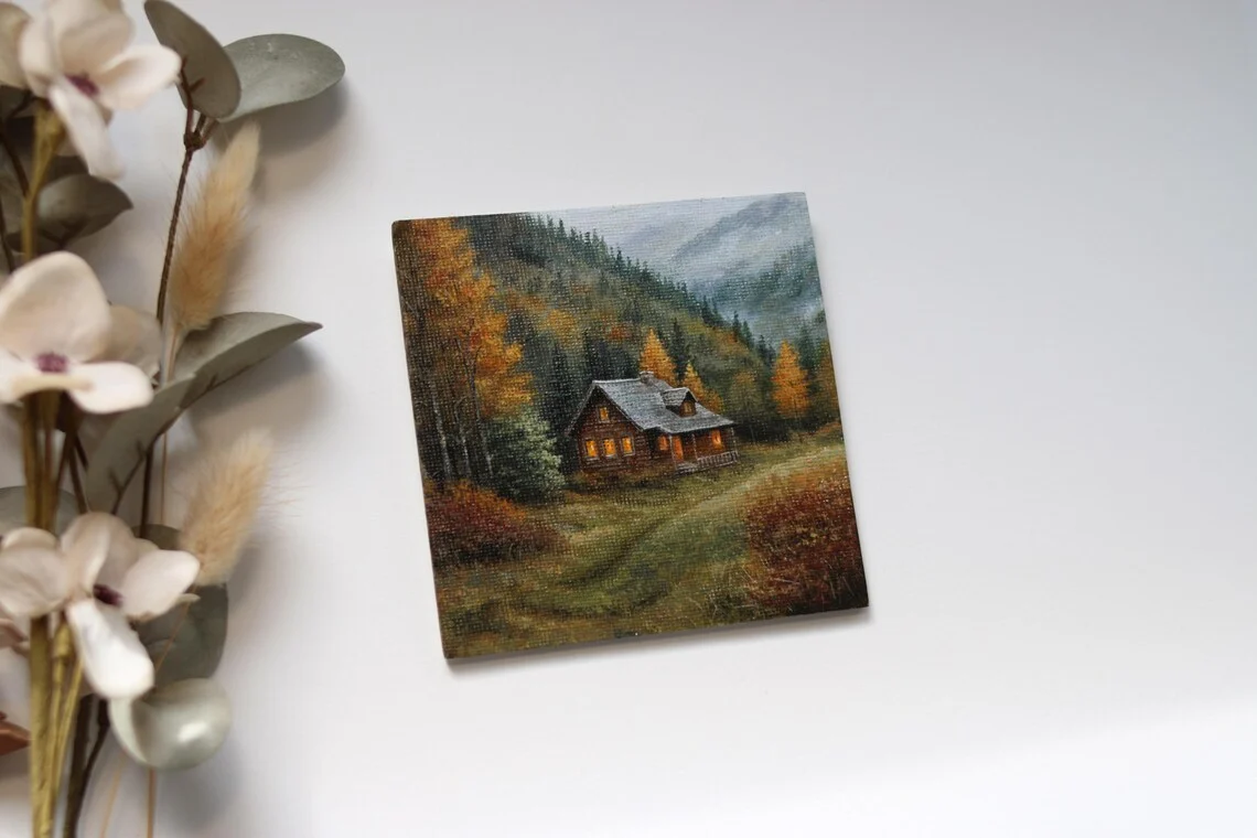 Miniature Autumn Cabin Painting