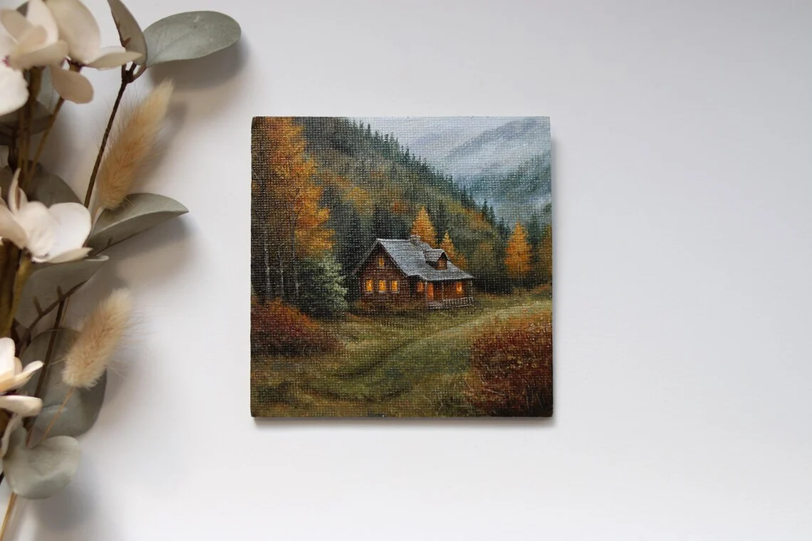 Miniature Autumn Cabin Painting