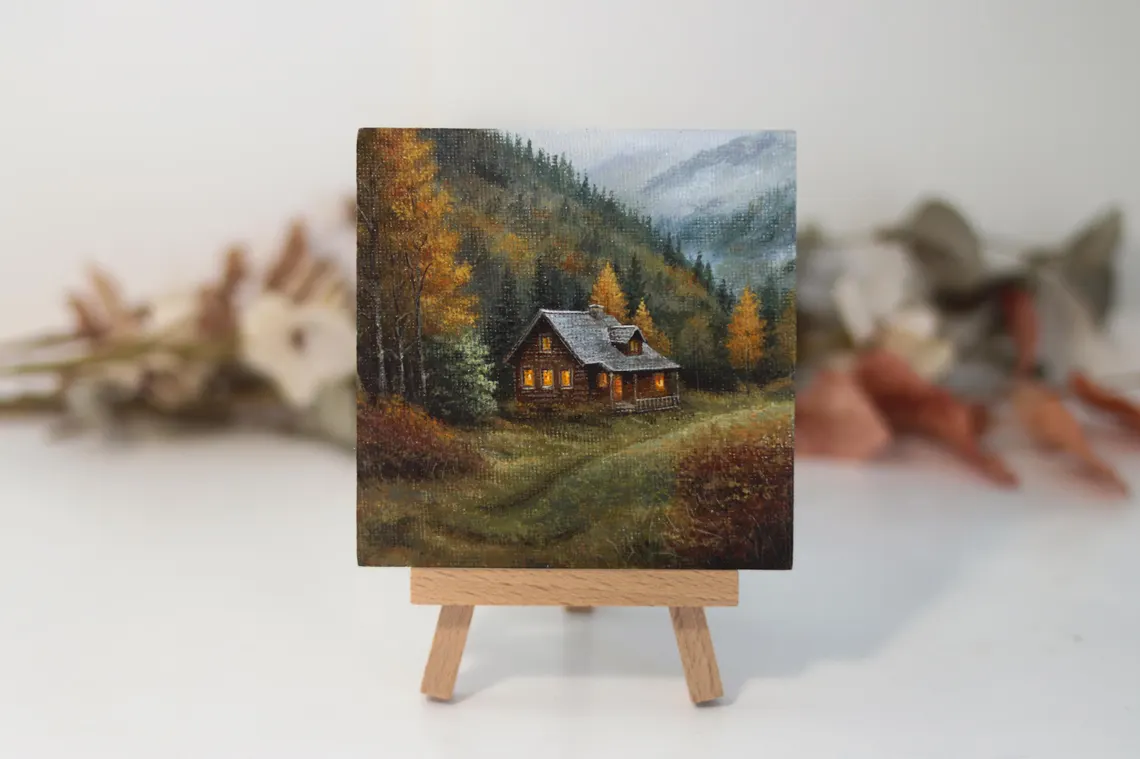 Miniature Autumn Cabin Painting