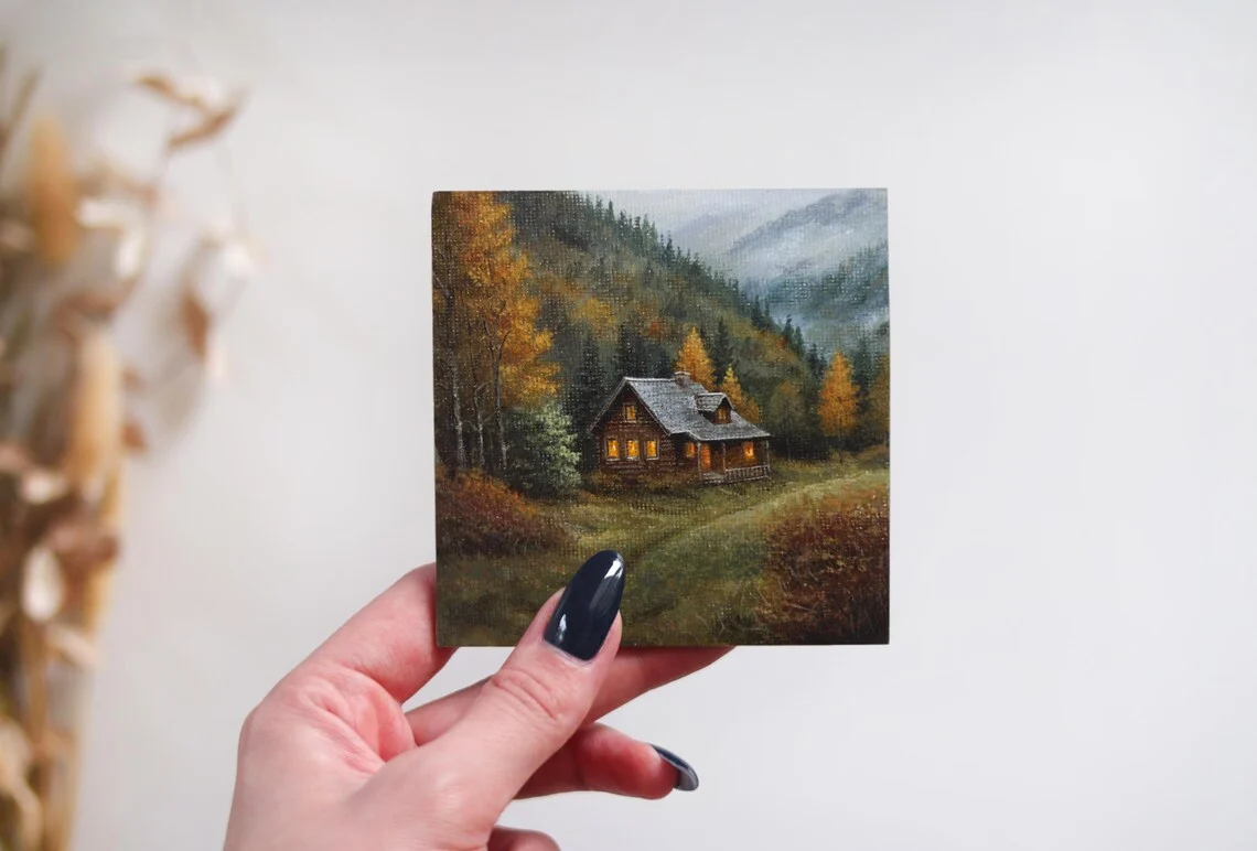 Miniature Autumn Cabin Painting
