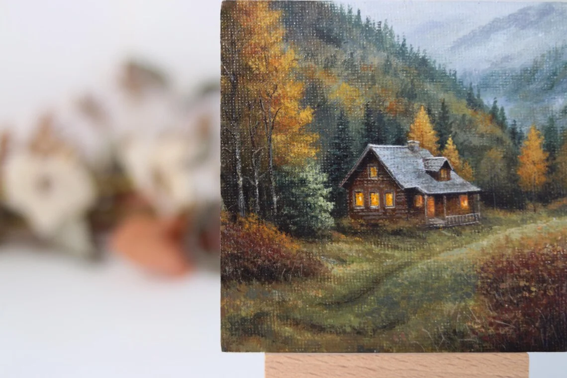 Miniature Autumn Cabin Painting