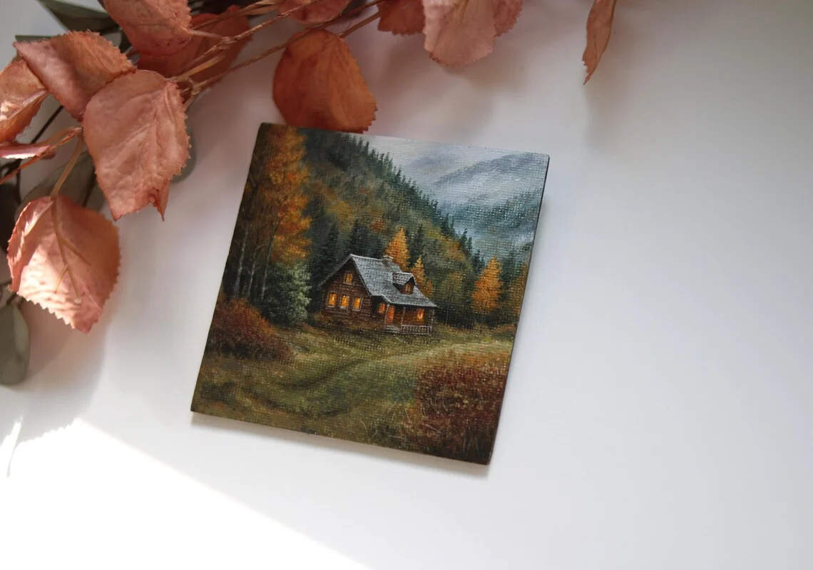 Miniature Autumn Cabin Painting