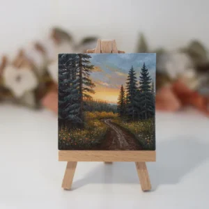 Golden sunset light glowing through tall pine trees, detail in original forest path acrylic miniature painting