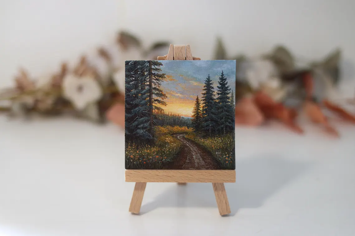Golden sunset light glowing through tall pine trees, detail in original forest path acrylic miniature painting