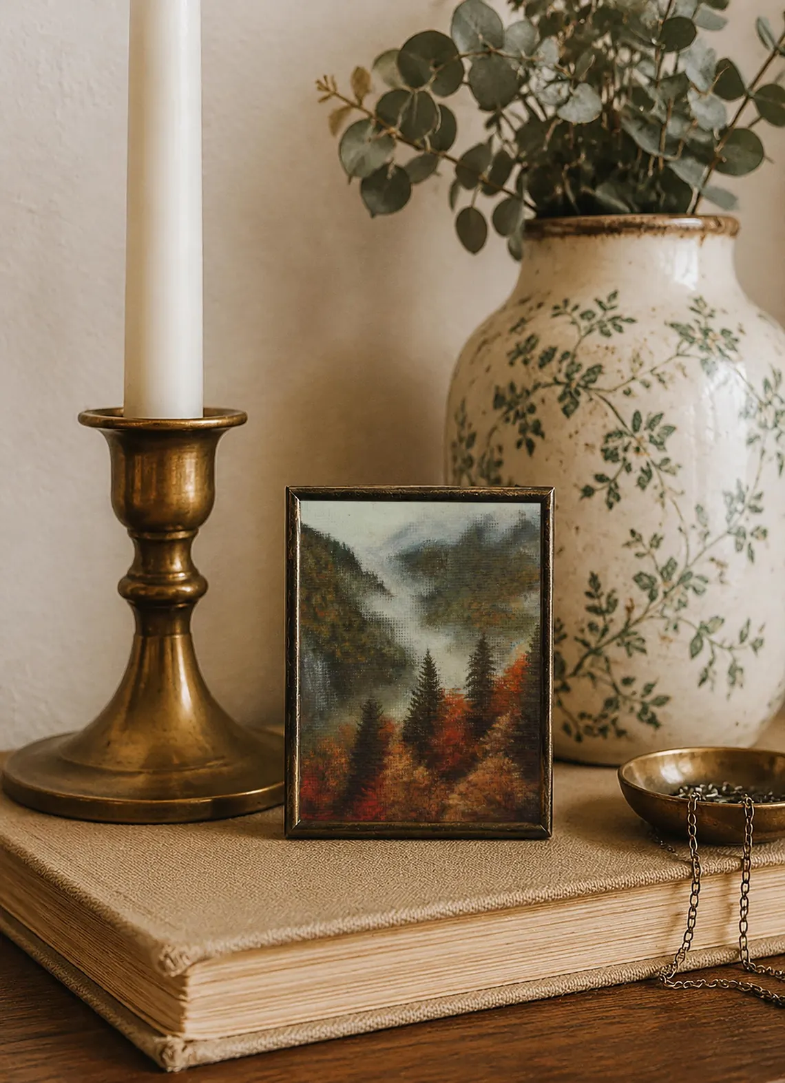 Original autumn mountain acrylic miniature on desk, small misty forest landscape art for reading corner