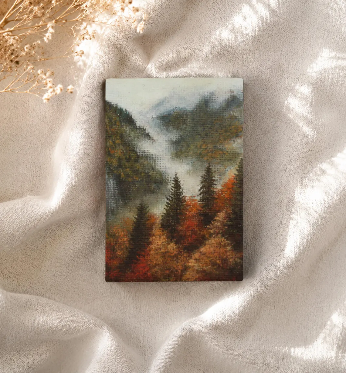Rich acrylic texture and atmospheric depth on small canvas, handmade autumn mountain miniature artwork