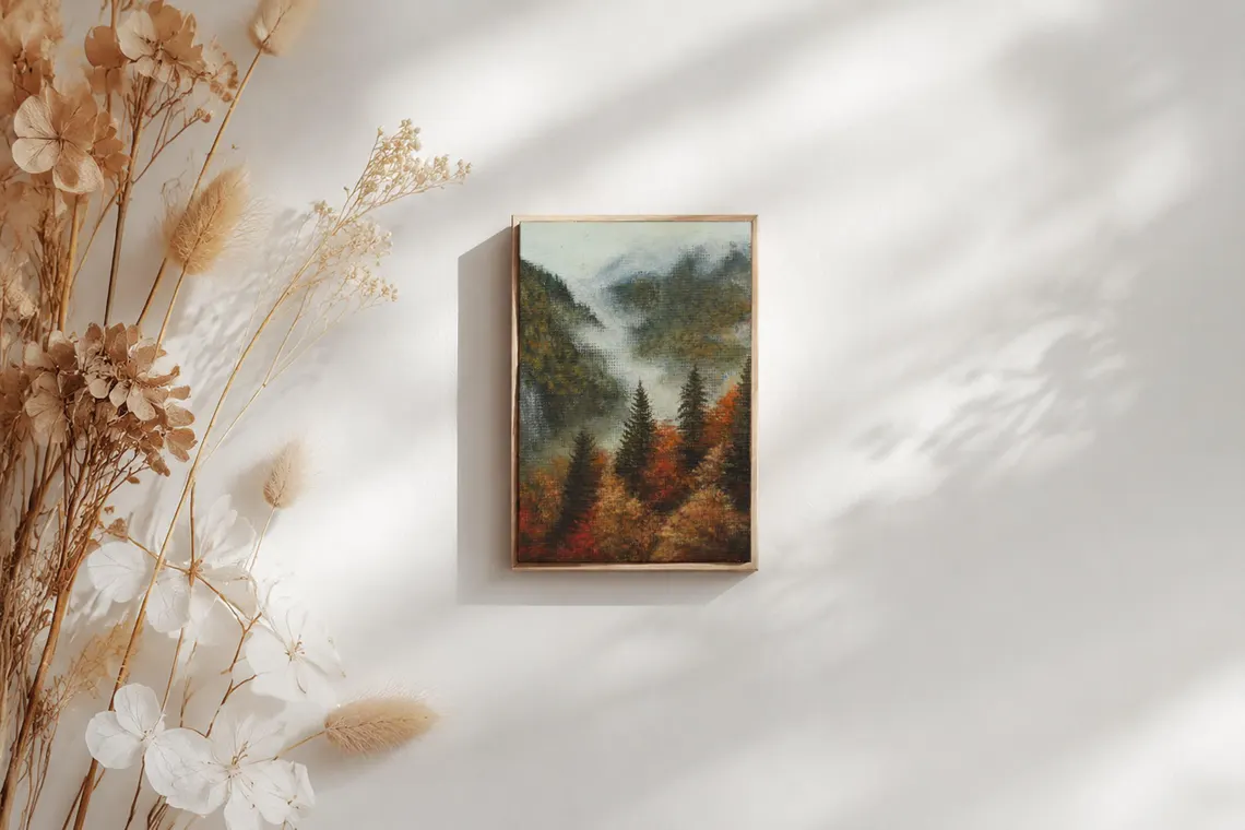 Sophie Marts miniature autumn mountain painting gift, original misty acrylic landscape for miniature art collectors