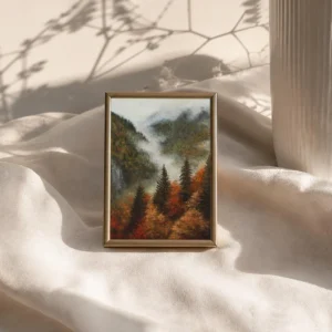 Miniature autumn mountain painting, original misty forest landscape acrylic art 10x7cm by Sophie Marts