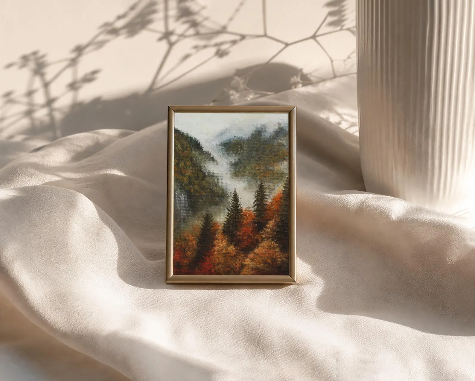 Miniature autumn mountain painting, original misty forest landscape acrylic art 10x7cm by Sophie Marts